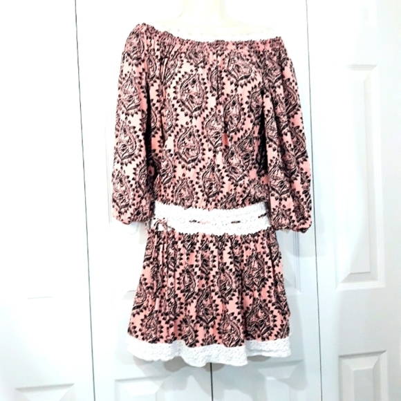 Free People Mini Dress 3/4 Sleeve Off  Shoulder Printed Black Coral Boho Small - Picture 1 of 13